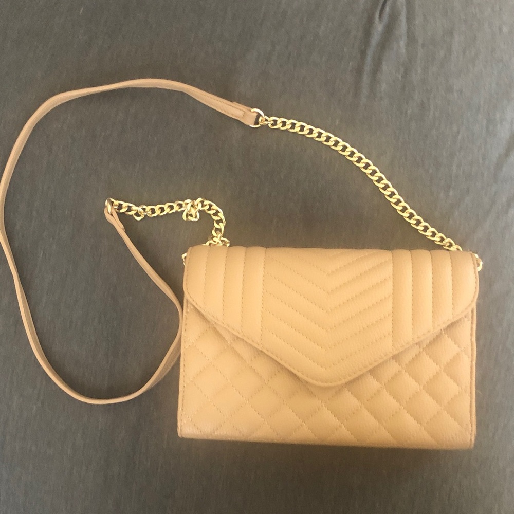 Vegan Madison West Tan Quilted Crossbody Bag with Gold Chain